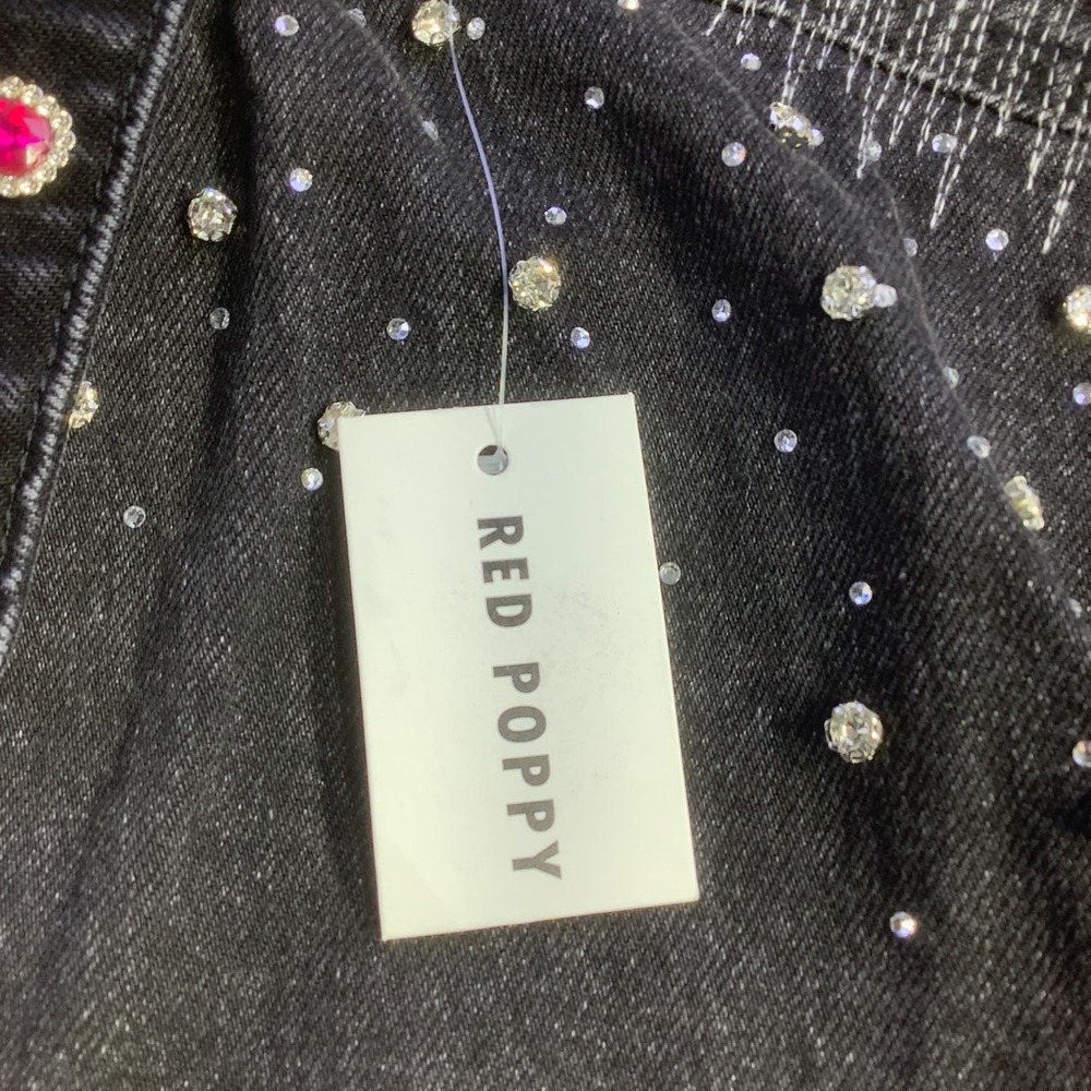 Red Poppy Black Wash Embellished Graphic Denim Jacket Mens Size XL NWT - Picture 4 of 14